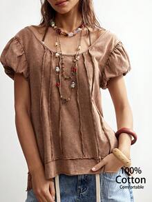 Bohemela Áo thun nữ tay ngắn cổ tròn, màu trơn, dáng rộng, chất liệu dệt kim, kiểu dáng thường ngày, dành cho nữ. - Hồng - Xem 7