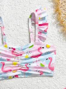 SHEIN Vintaside Kids 女童火烈鸟花卉印花吊带泳衣套装，含罩衫和迷你裙三件套 - 粉色 - 查看 4