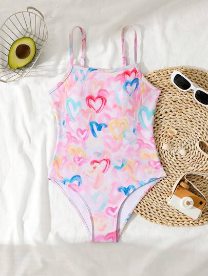 SHEIN Tween Girl Colorful Heart Print Print Adjustable Strap One-Piece Swimsuit