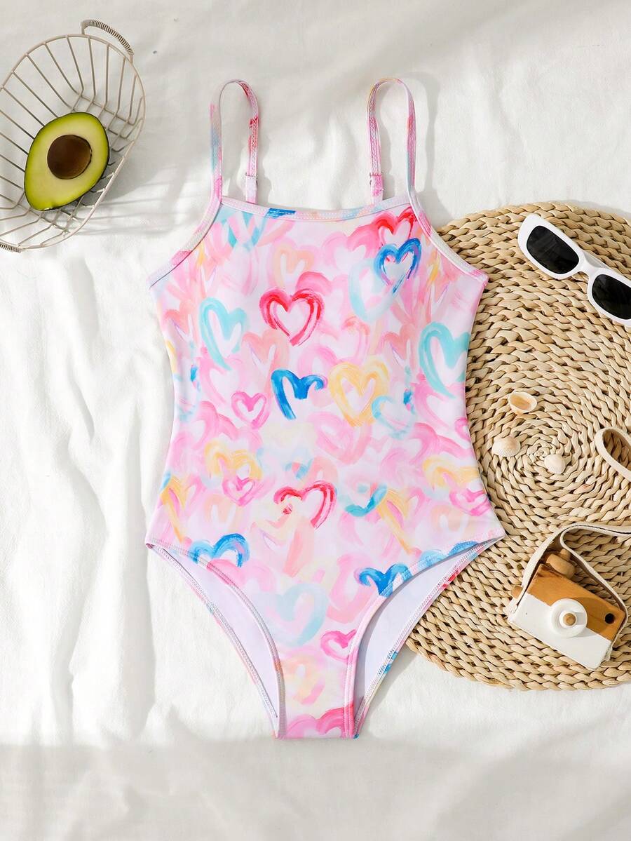 SHEIN Tween Girl Colorful Heart Print Print Adjustable Strap One-Piece Swimsuit - Multicolor - View 1