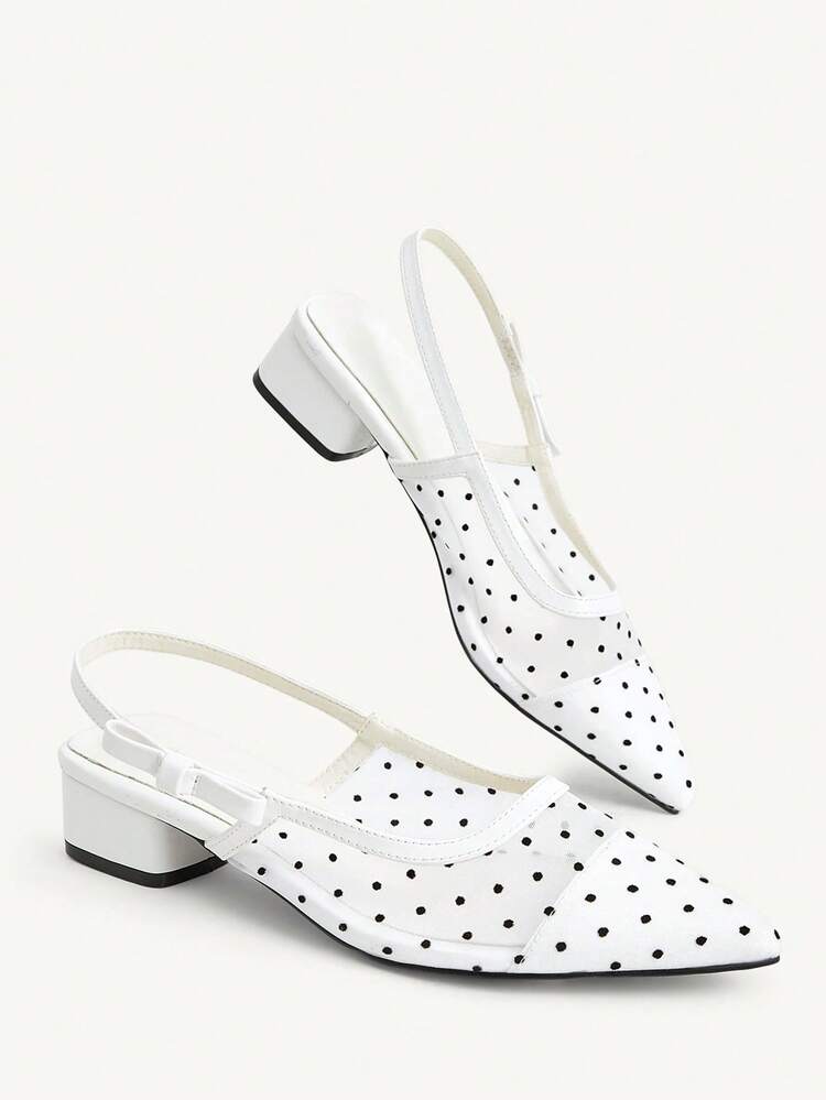 CUCCOO CHICEST Women's Pointed Toe Low Heel White Polka Dot Mesh Bow Sexy Elegant Fairy Wind Comfortable Breathable Short Heel Women's Flat Shoes