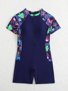 SHEIN 1 bộ đồ bơi mùa hè màu xanh navy cho bé gái. Họa tiết động vật đại dương, khóa kéo phía trước, thích hợp để bơi - Màu xanh hải quân - Xem 3