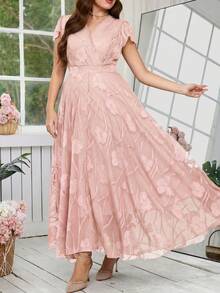 Reflora 大码女士优雅印花连衣裙，夏季婚礼宾客礼服 - 藕粉色 - 查看 3