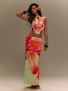 TypaGal Top halter sin espalda con estampado floral y decoración de flores 3D para vacaciones en la playa para mujer - Multicolor - Ver 6