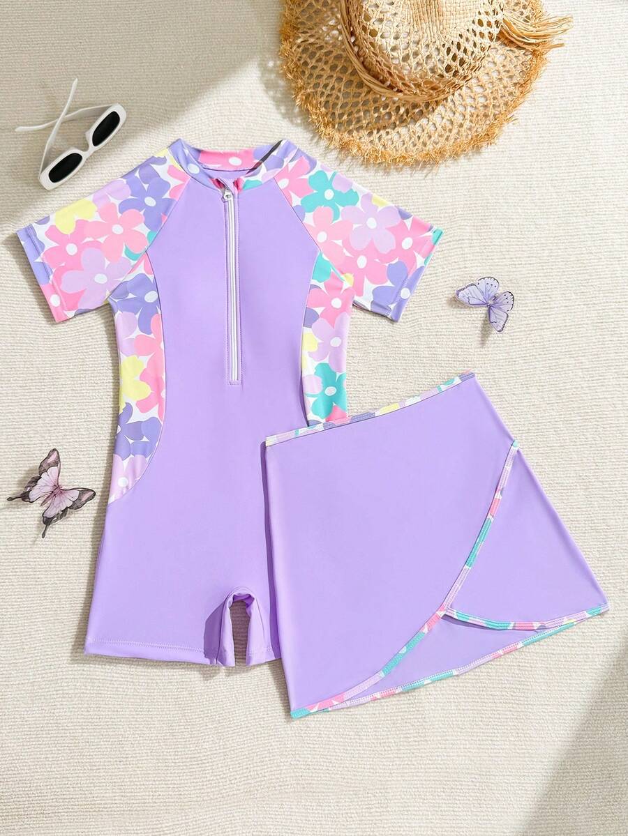 SHEIN Baju Renang Surfing Konservatif Baru untuk Anak Perempuan Remaja dengan Desain Resleting, Motif Patchwork, dan Celana Pendek Penutup Pantai, Cocok untuk Liburan, Menyelam, dan Berenang - MultiWarna - View 1