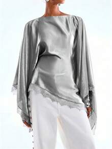 LYSMO Blusa holgada de mujer con mangas acampanadas, de unicolor satinado con encaje de contraste, para primavera/otoño - Gris - Ver 3