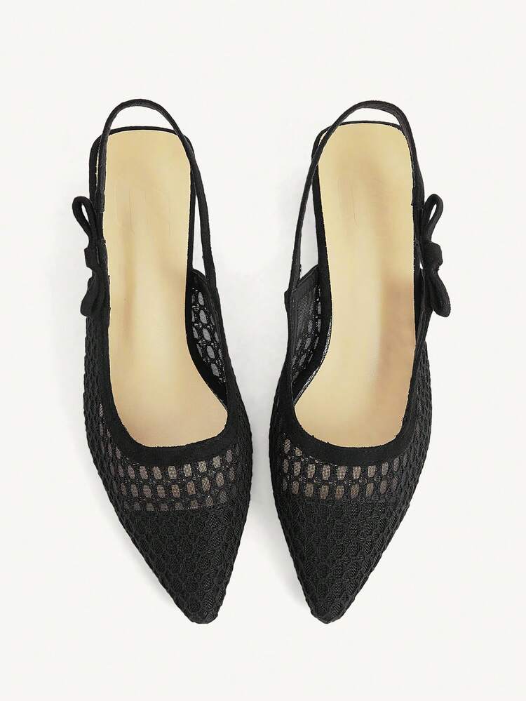 CUCCOO CHICEST Ladies Spring And Summer New Pointed Toe Low Heel Black Mesh Rhombus Grid Bow Fashionable Elegant Breathable Lady Style Women's Shoes Thick Heel Low Heel Empty Women's Shoes