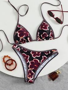 Swim Mod Women's Summer Beach Music Festival Lemon Print Halter Backless Thong Bikini Set - Multicolor - View 5