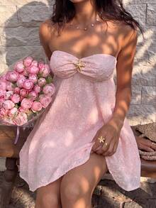 Sunnyshic Women's Pink Chiffon Jacquard Metal Starfish Strapless Backless A-Line Babydoll Mini Dress,Elegant Sexy Summer Tropical Vacation Holiday Wedding Party - Pink - View 3