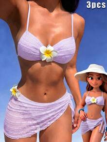 Swim Mod 女士提花面料芙蓉花装饰露背性感比基尼三件套，适合海滩和度假 - 紫色 - 查看 7
