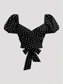 Sweetra Kemeja Kasual Serbaguna untuk Wanita Ukuran Besar dengan Motif Polkadot, Cocok untuk Pemakaian Sehari-hari - Hitam - View 1