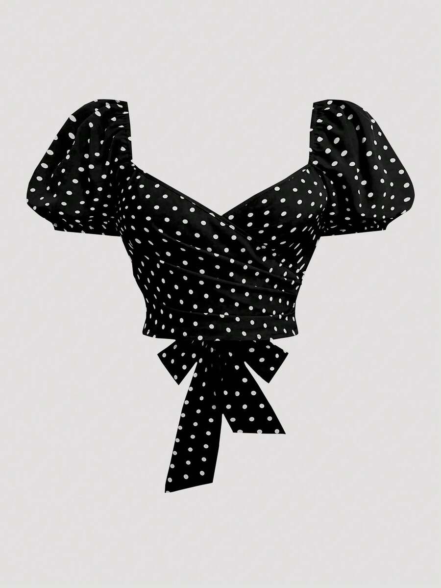 Sweetra Plus Size Women Polka Dot Casual Versatile Daily Wear Shirt - Black - View 1