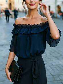 Balvessa Women's Off Shoulder Navy Blue Ruffle Chiffon Blouse - Navy Blue - View 5