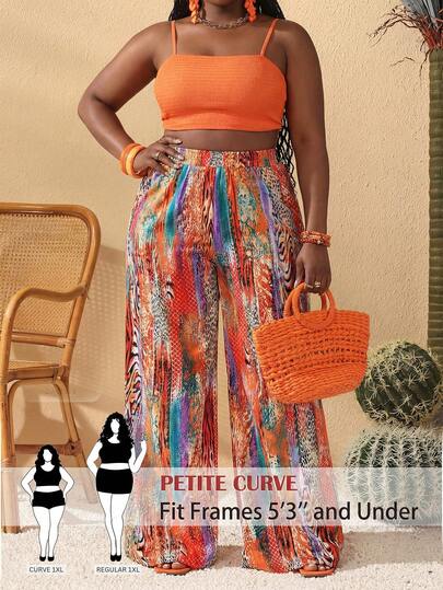 SHEIN PETITE CURVE Plus Size Bohemian Style Woven Palazzo Pants + Camisole Top 2 Pieces Set: Fashionable And Comfortable Wide-Leg Pants With Elastic Waistband, Suitable For Summer Vacation, High-Waisted Casual Loose Style, Suitable For Summer, Daily Commute, Dating, Party, Christmas, New Year, Thanksgiving, Party, Wedding, Beach, Graduation Ceremony, Fashion, Elegant, Casual, Outing, Dating, Reservation, Commuting, Shiny, Valentine's Day, Elegant, Vacation, Casual, Y2K, Outing, Graduation Ceremony And Other Occasions.