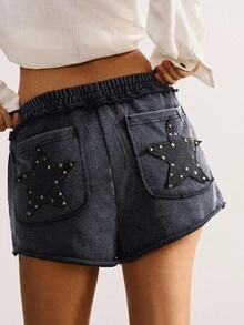 SHEIN Tall CURVE Plus Size Five-Pointed Star Pattern Shorts - Black - View 3