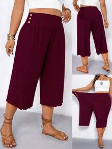 Elenzga Plus Size Women Casual Ruffle Hem Wide Leg Capri Pants - Burgundy - View 1