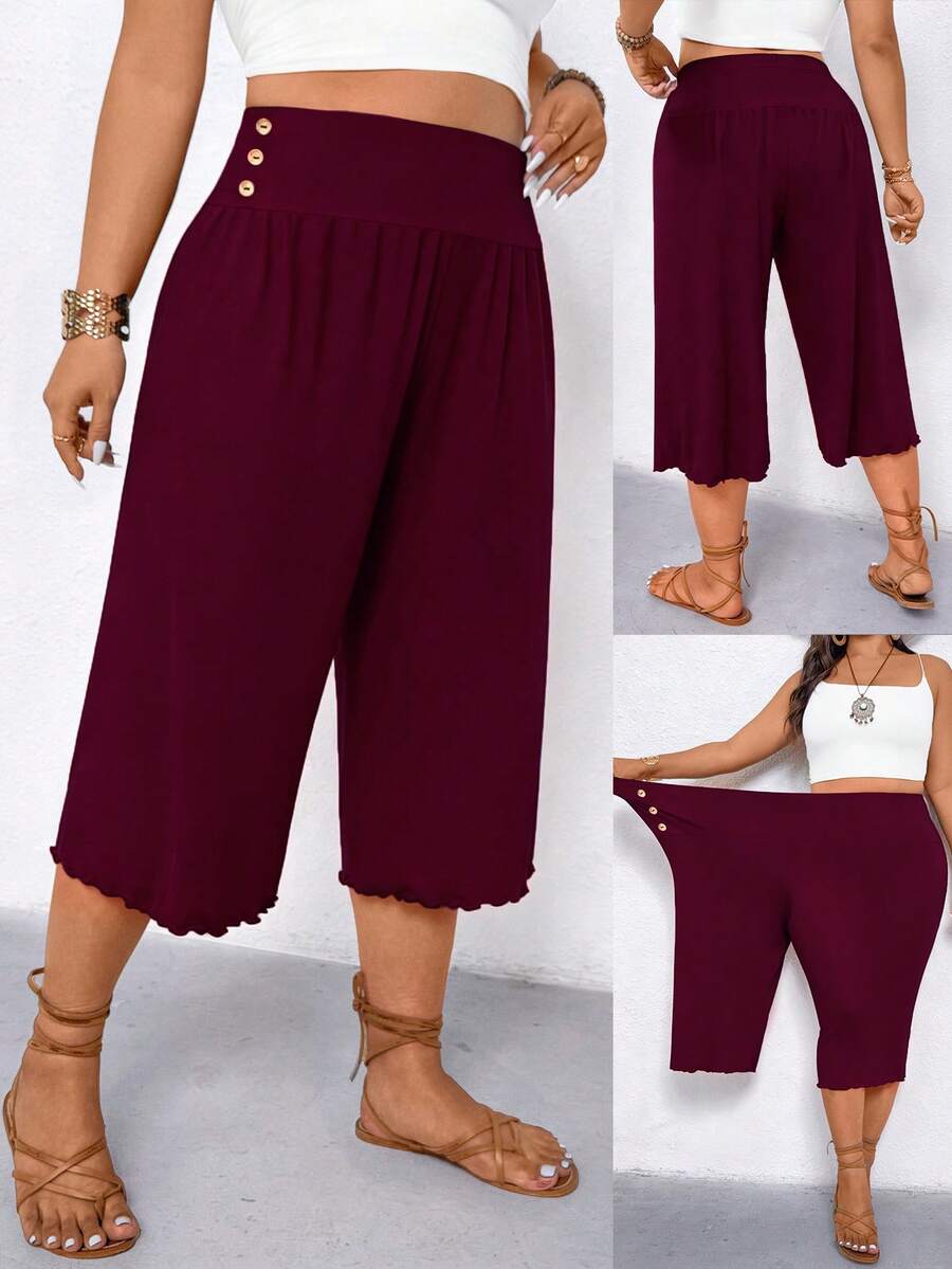 Elenzga Plus Size Women Casual Ruffle Hem Wide Leg Capri Pants - Burgundy - View 1
