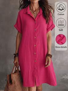 SHEIN Women's 100% Cotton Shirt Dress With Open Collar,Hot Pink Summer Casual Vacation Loose-Fitting Beach Short Dress,Fashionable Spring/Summer Outfit - Hot Pink - View 2