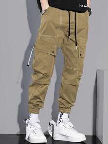 Manfinity Hypemode Pantalones de tobillo con cordón de moda urbana para hombres - Caqui - Ver 3