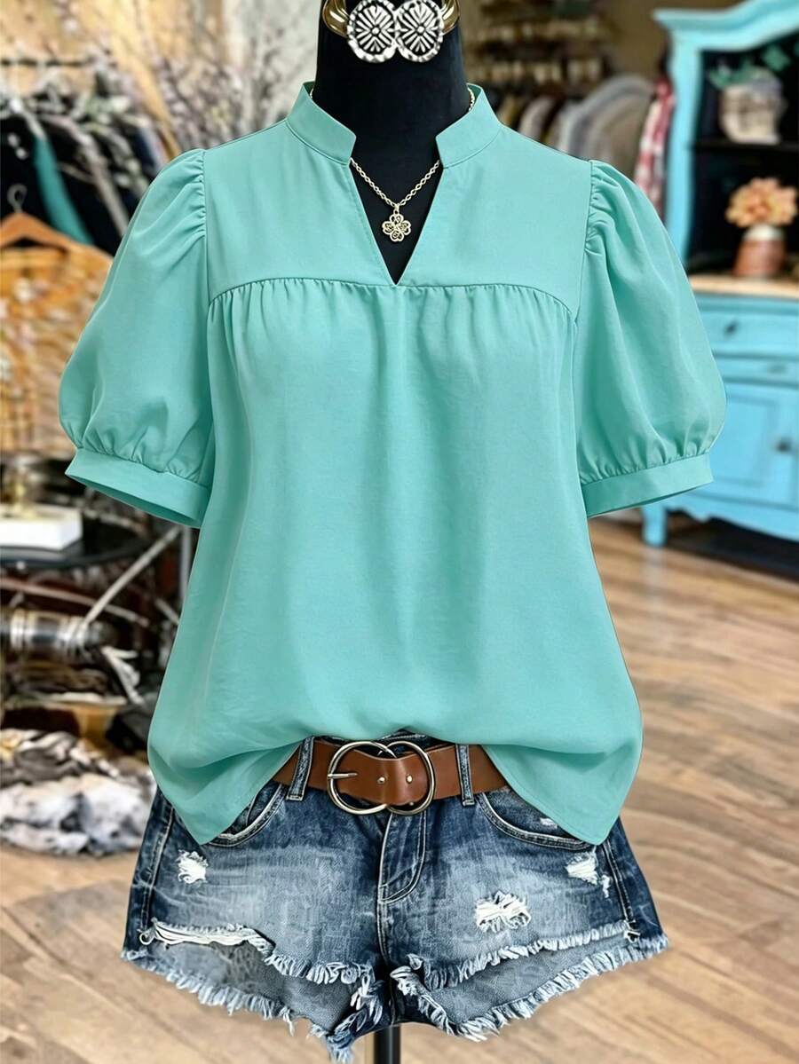 Linhara Women's Spring/Summer Stand Collar Puff Sleeve Elegant Short Sleeve Blouse, Suitable For Dates, Commuting, Hanging Out With Friends - Green - View 1