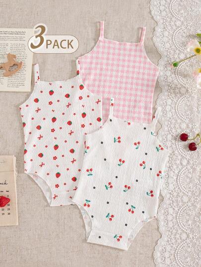 SHEIN Baby Girl 3pcs/Set Cute,Casual And Simple Style Going Outfit Sleevelesss Trawberry-Printing&Cherry-Printing&Checkered Print. Jumpsuit.