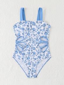 SHEIN New Solid Color Hollow-Out Sides One-Piece Swimsuit For Teens Beach Summer - Multicolor - View 5