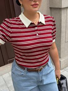Dripcurv Burgundy And Striped Polo Shirt For Women Stylish Collared Short Sleeve Top - Burgundy - View 3