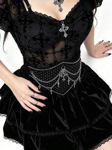 ROMWE Goth 1件裝女款黑色鏈條裝飾腰封，日常穿著/派對穿著，哥德龐克風波點十字邊珠飾蕾絲雙鏈裝飾，PU布料＋波點布料，蕾絲波點腰封 - 黑絲蕾絲波點鏈條束腰 - 查看 8
