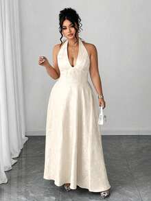 Elenzga Plus Size V-Neck Flowy Dress, Elegant Romantic Wedding/Evening/Formal Dress For Women, Summer Outfit With Bow - Apricot - View 4
