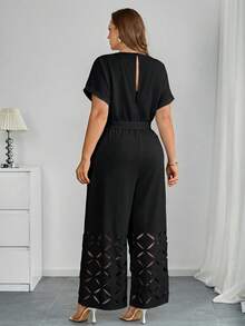 SHEIN Clasi Plus Size Women's Solid Color Cutout Design Round Neck Knotted Waist Elegant Jumpsuit - Black - View 2