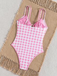 Swim Mod Women's One-Piece Plaid Swimsuit With Spaghetti Straps, Suitable For Beach Vacation, Spring/Summer - Pink - View 2
