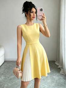 Elenzga Nuevo vestido de mujer de estilo francés con cuello redondo, diseño de patchwork con pliegues, cintura ceñida, minimalista y elegante para uso diario - Amarillo - Ver 5