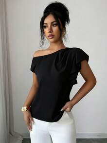 Rafferiza Blusa elegante y sexy con hombro descubierto, con volantes y corte asimétrico en el hombro - Negro - Ver 3
