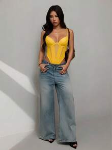 SHEIN PETITE Áo liền thân hai dây màu trơn, kiểu dáng thường ngày, thời trang, gợi cảm dành cho nữ, thích hợp đi nghỉ mát. Áo liền thân bằng vải lưới. - Màu vàng - Xem 3