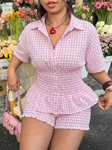 GalTyme Pink Collared Short Sleeve Top And Shorts 2 Pieces Set, Waist Cinched, Plus Size - Pink - View 7