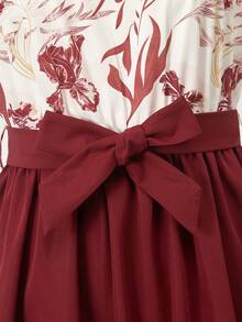 Đầm midi nữ tuổi teen thanh lịch in hoa, tay bồng, có thắt lưng và nơ, thích hợp cho kỳ nghỉ. - Màu Đỏ Sâu - Xem 6