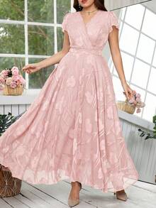 Reflora 大码女士优雅印花连衣裙，夏季婚礼宾客礼服 - 藕粉色 - 查看 5