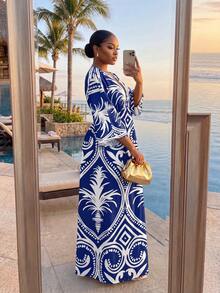 SHEIN Lady CURVE Đầm nghỉ mát tay lửng xẻ tà in hình cây cọ dành cho nữ cỡ lớn - Nhiều màu - Xem 2