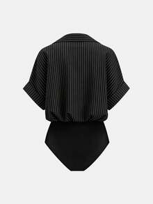 Franclia 女士时尚百搭纽扣条纹口袋翻领连体衣 - 黑色 - 查看 2