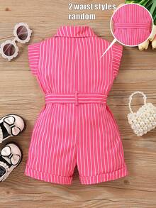 Baby Girl Striped Belted Shirt Romper - Hot Pink - View 2