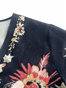 Linhara Plus Size Women Casual Elegant Loose Floral Print V-Neck Blouse, Suitable For Beach, Daily, Commuting - Multicolor - View 3
