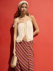 Nöista Rok Midi Lilit Bergaris dengan Siluet A-Line untuk Liburan Musim Panas dan Tampilan Kasual yang Chic. - Rust Brown - View 8