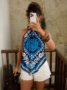Travachic Blusa casual con cuello halter y estampado floral para tallas grandes - Azul - Ver 4