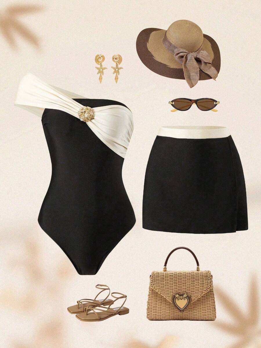 Swim Oasis Bộ bikini liền thân phối màu nâu và be dành cho nữ, trang phục đi biển thanh lịch. - Nhiều màu - Xem 1