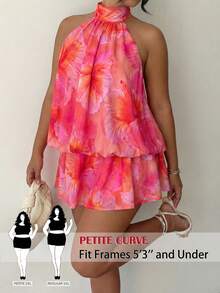 SHEIN PETITE CURVE 大码高领无袖露背夏季碎花休闲连衣裙 - 彩色 - 查看 5
