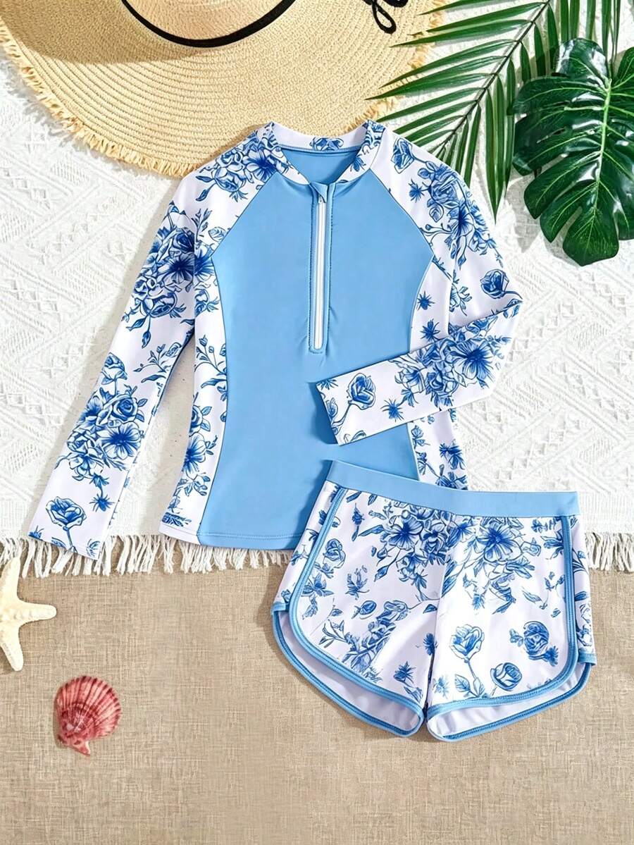 SHEIN Tween Girls Long Sleeve Rash Guard Swimwear 8-14Y,Blue Floral 2Pcs Bathing Suit With Shorts Zipper,White Summer Casual Pool Party Vacation Holiday - Blue - View 1