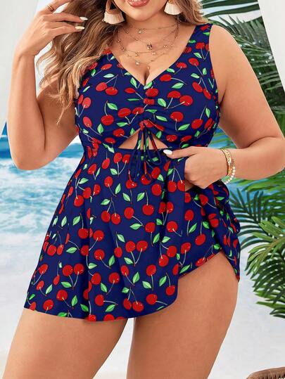 Swim Lushoire Áo tắm cỡ lớn dành cho nữ, in hình quả anh đào, thích hợp cho kỳ nghỉ biển.