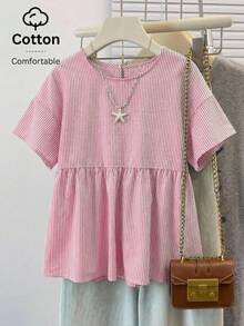 SHEIN EZwear 女士休闲条纹梭织衬衫，夏季 - 橘色 - 查看 12