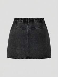 SHEIN MOD Plus Size Women Pearl Decor Pocket Denim Mini Skirt - Black - View 2