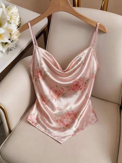 GlowEve Women's Summer New Arrival Elegant Faux Silk Floral Print Spaghetti Strap Camisole, Suitable For Beach, Casual, Commute, Date, Gathering, Party, Music Festival